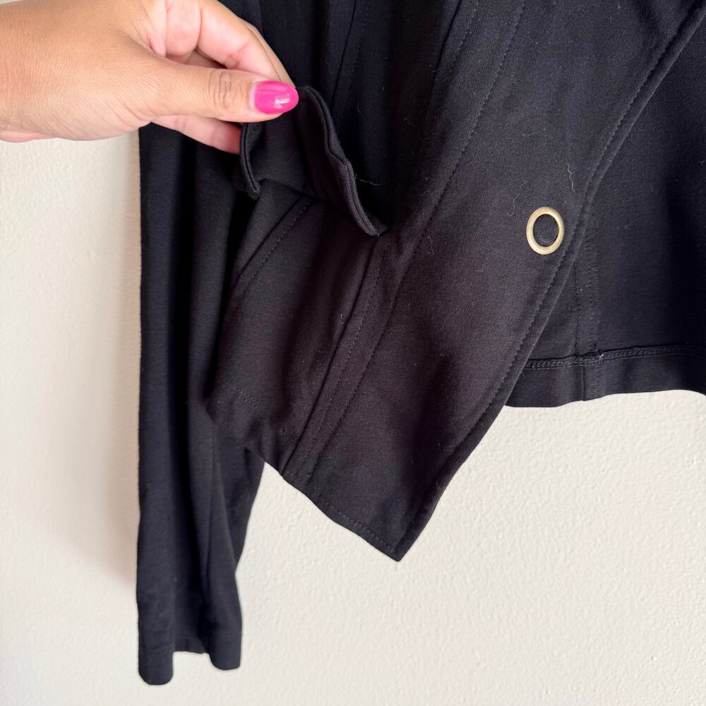 Cabi Black + Gold Grommet Ponte Knit Cropped Moto Jacket Small Edgy Punk - Picture 2 of 9